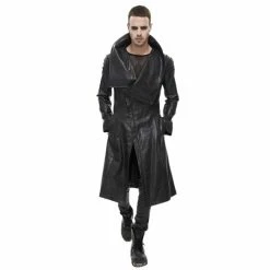 Men's Coat DEVIL FASHION - Villain Blues Punk Faux Leather Trench Coat - Black