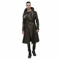 Men's Coat DEVIL FASHION - Villain Blues Punk Faux Leather Trench Coat - Brown